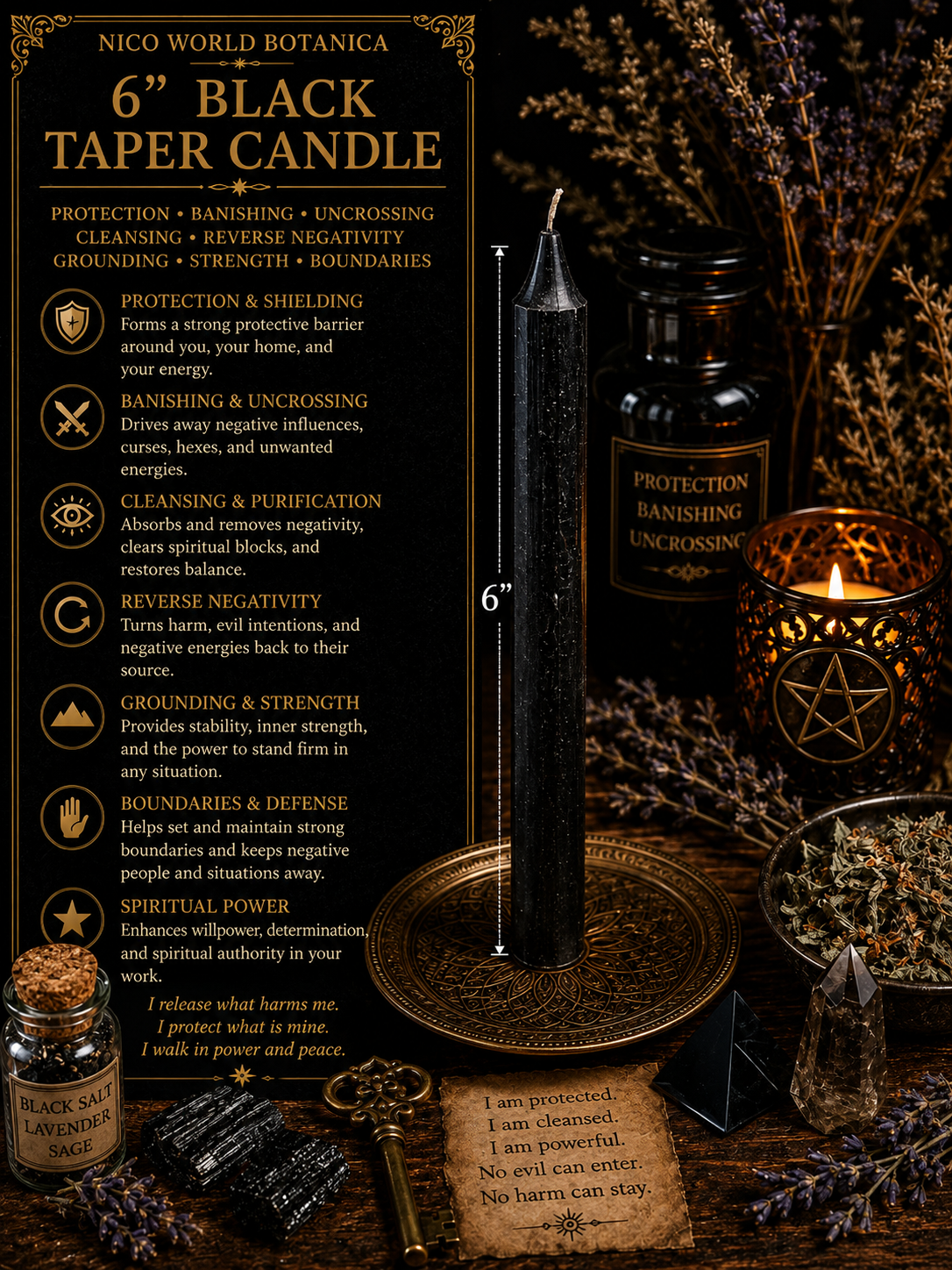 6” Black Taper Candle