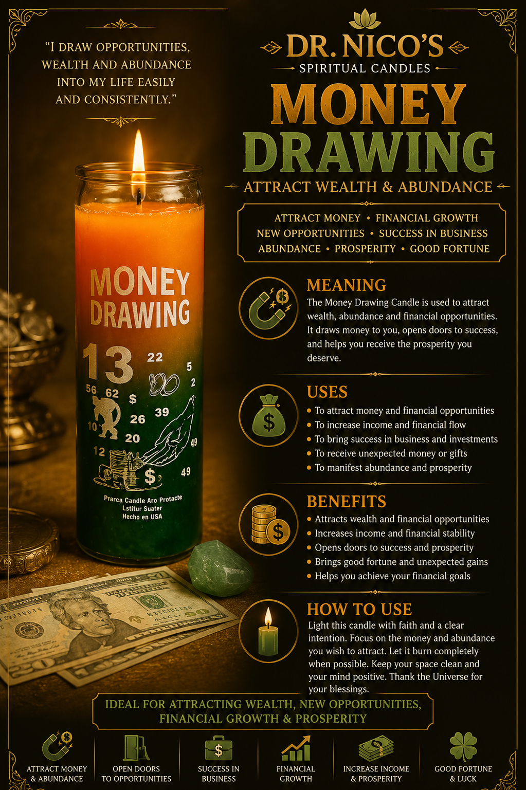 Money Drawing Candle (Green & Gold)