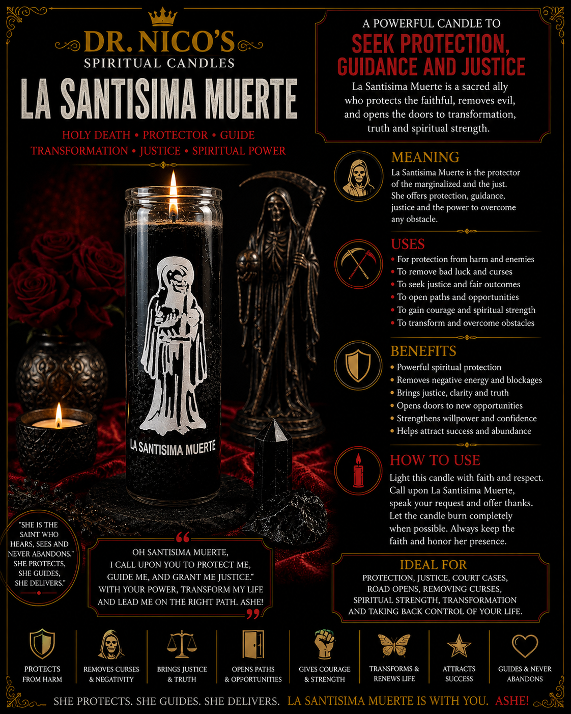 La Santísima Muerte Negra Candle | Protection, Justice, Strength & Spiritual Defense
